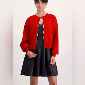 Charter Club 100% Cashmere Red Pearl-Trim Cropped Women's Sweater Cardigan.R13B